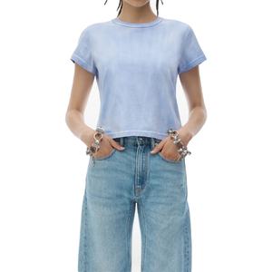 Camiseta Esencial de Algodón Lavado con Efecto Desgastado y Estampado de Logotipo Personalizado, Cuello Redondo, Manga Corta para Mujer - Product Image 3