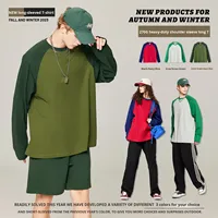 Kaos Oblong Lengan Panjang Raglan Vintage Katun Murni Berat 270G Model Longgar Kerah O-Neck dengan Logo Depan untuk Pria RS