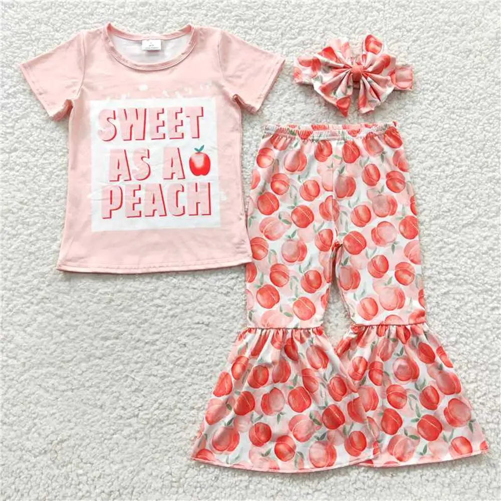 GSPO0569 ملابس أطفال بالجملة ملابس الفتيات الخوخ الحلو الوردي قصيرة الأكمام أعلى مضيئة السراويل دعوى لطيف عارضة