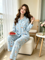 Ensemble de pyjama de luxe en pur coton pour femme, motif floral mignon, manches longues, taille élastique, respirant, printemps-automne, col rabattu