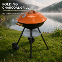 Barbecue au charbon pliable robuste Aurbrand - 41 cm, portable pour le camping en plein air, avec poignées en bois de qualité supérieure et roues tout-terrain