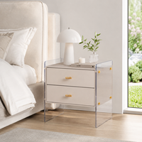 Table de chevet moderne en acrylique avec cadre en acier inoxydable et détails en acrylique, finition ivoire blanc, panneau E1, fournisseur de mobilier hôtelier