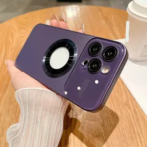 Luxury New Matte Large Window Magnetic Wireless Charging Phone Case For Iphone 15 14 13 12 11 Pro Max Camera Lens Glass Cover