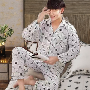 Pijamas Casuales para Hombre, Primavera y Otoño, Cuello Solapa, Cárdigan de Punto, Manga Larga, Ropa de Dormir, Dos Piezas - Product Image 2