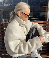 Enyami Collection Hiver Noël Casual Teddy Vestes Polaire Manteau Chaud Col Montant Manches Longues Femmes Zip up Cropped Vestes