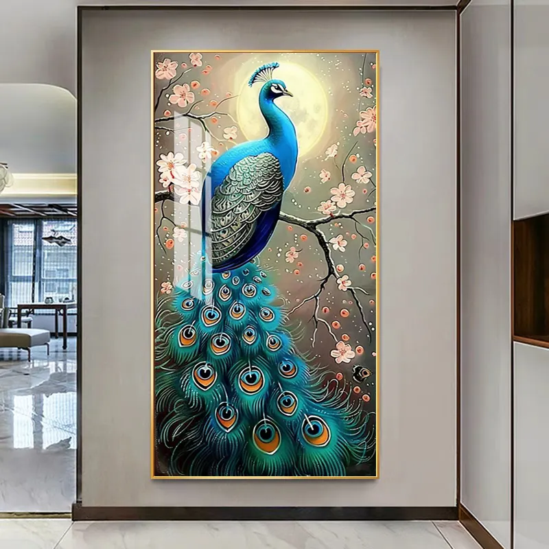 Große Größe gerahmtes Gemälde modern minimalistischer Pfau Kunst Tier Kristall Porzellan Gemälde für Wohnzimmer Veranda Heimdekoration