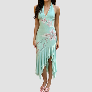 ชุดเดรสยาวผ้าตาข่ายพิมพ์ลายดอกไม้ชายระบายไม่สม่ำเสมอ คอแบบผูกเชือก ช่วงวันหยุดฤดูร้อน เหมาะกับชายหาด ช่วยพรางหุ่นให้ดูเพรียว - Product Image 3