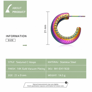 Textured <b>C</b> Hoop Earrings Stainless Steel Iridescent Multicolor Look with Beaded Edge and Diagonal Surface Detail - Product Image 3