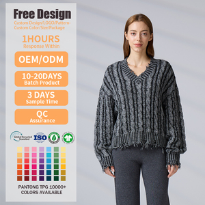 เสื้อสเวตเตอร์ OEM & ODM แบบถักลายเคเบิ้ล ขอบรุ่ย ดีไซน์ขาดๆ แบบสวมหัว แขนยาว เสื้อถักสำหรับฤดูหนาว - Product Image 2