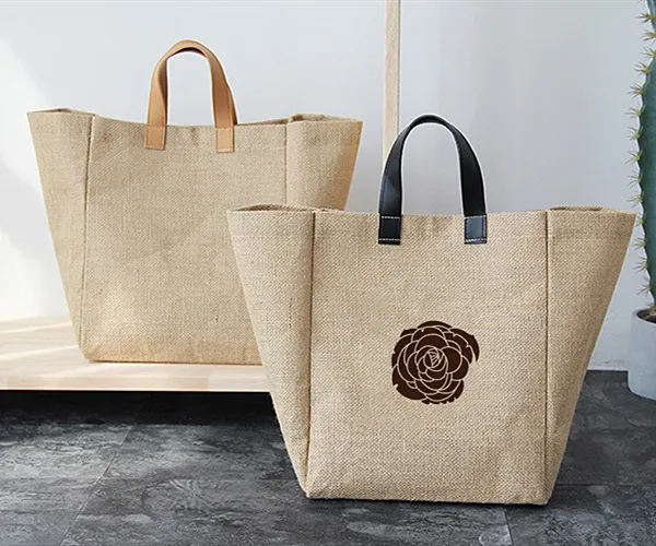 Burlap advertising shopping wholesale durable eco friendly jute beach tote bag with leather handles