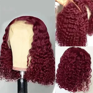 วิกผมบ๊อบสีแดงเบอร์กันดี รุ่น Water Deep Wave Bob 99J  วิกผมหน้าผากลูกไม้ 13x4  ผมแท้ 100% วิกผมบ๊อบสั้นแบบหยิก วิกผมพม่า ความหนาแน่น 200 - Product Image 4