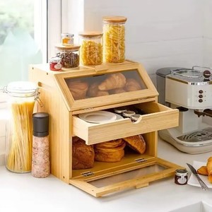 Bamboo Bread <b>Box</b> With <b>Drawers</b> And Transparent Window Kitchen <b>Storage</b> For Freshness Preservation - Product Image 2
