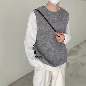 เสื้อกั๊กถักแขนกุดผู้ชาย สีเทา คอกลม ทรงหลวม เสื้อยืดลำลอง สีพื้น MLXL2XL3XL - Product Image 3