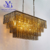 Lustre rectangulaire en verre artistique texturé à grille étagée de style médiéval français, suspension de luxe pour villa, îlot de salle à manger, plafond haut