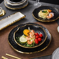 Service de table en porcelaine sans BPA, style vintage, avec bordure dorée embossée, assiettes, bols, tasses, ustensiles de table pour hôtel
