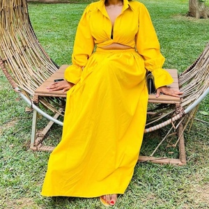 Sexy Women's Solid Collar Sleeve <b>Tie</b>-Front Shirt Long Dress African New Style Casual 2-Piece <b>Set</b> Fashion - Product Image 4