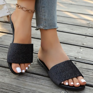 Sandales plates à lanières larges et rayures scintillantes, à enfiler, à bout ouvert, pour l'intérieur et l'extérieur, chaussures d'été pour la plage - Product Image 1