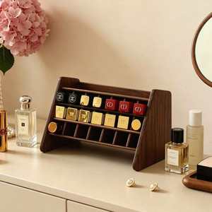 Black Walnut Wood Lipstick <b>Storage</b> Rack <b>With</b> Slanted Compartments Layered Design Makeup Organizer For <b>Dressing</b> <b>Table</b> - Product Image 2
