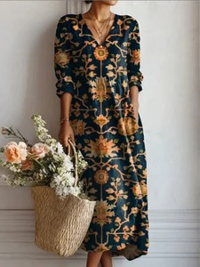 2026 Neues Afrikanisches Kraft <span class=keywords><strong>Tansen</strong></span> Pflanzenbedrucktes Langes Kleid V-Ausschnitt Locker Freizeit Urlaubskleid mit Taschen aus Baumwolle und Hanf - Product Image 4