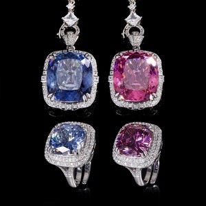 High Quality Gold Dainty Eco-friendly Copper Necklace Rings 20*23mm Square <b>Pink</b> Blue Cubic Zirconia Wedding Jewelry Set Women - Product Image 1