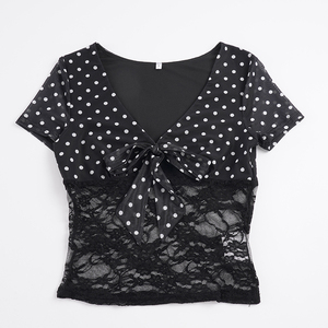 เสื้อยืดซีทรูลายจุดคอวีสไตล์อเมริกัน แต่งผ้าลูกไม้ ประดับโบว์สุดเซ็กซี่สำหรับสาวฮอต - Product Image 6