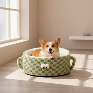 Camas para perros de felpa redondas con forma corta impresa, camas para mascotas con ojos grandes, camas para perros bonitas para sueño profundo, nido para gatos de esponja al por mayor - Product Image 1