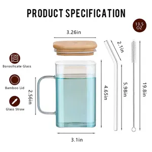 16 Unzen individuell farbiger Kaffee Soda Wasser viereckiges Trinkglas-Set mit Bambusdeckeln und Glasstroh mit Geschenkbox für den Moment