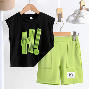 ชุดกีฬาเด็กผู้ชายฤดูร้อน อายุ 1-5 ปี เสื้อกล้ามพิมพ์ลายตัวอักษรเพ้นท์มือ ผ้าโพลีเอสเตอร์ 100% กางเกงขาสั้นลำลอง ชุดกีฬากลางแจ้ง - Product Image 1