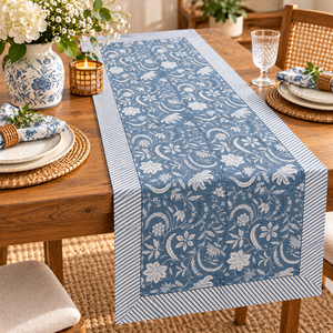 Blue Cotton <b>Table</b> <b>Runner</b> With Elegant Floral Pattern Woven Border Decorative <b>Dining</b> <b>Table</b> Linen For Home Restaurant And Event Us - Product Image 1