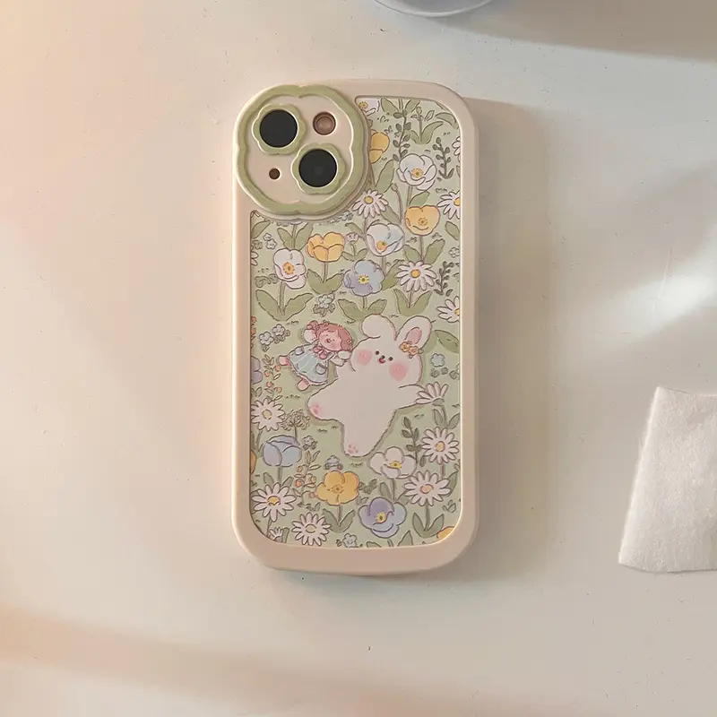 New Design Cartoon Cute Floral And Rabbit And Girl Colored Drawing Shockproof Phone Case For Iphone 14