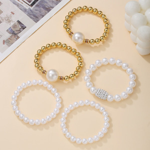 Imitation Pearl 5 Piece <b>Stacked</b> <b>Bracelet</b> Set Women's Party Jewelry Elegant Round Beaded With Diamond Encrusted Design - Product Image 3