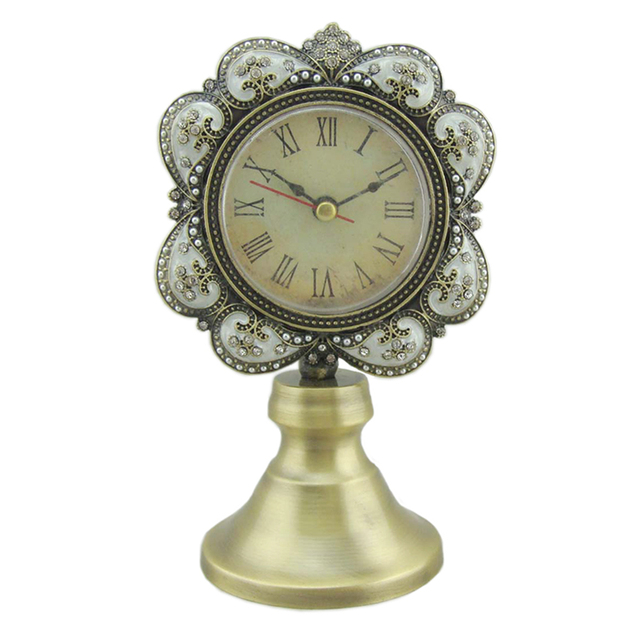 Antique Bronze With Pearl White Hand Enameled and Rhinestones Jeweled Round Metal Table Clock With Round Base