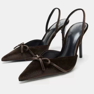 Sandales à talons élégantes en velours avec nœud pour femme, à bout pointu et bride arrière, de qualité supérieure, pour occasions formelles - Product Image 1