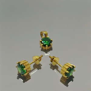 22K Gold Yellow Gold Green <b>Stone</b> Pendant with Matching Stud Earrings Classic Round Cut Jewelry Set for Women and Girls - Product Image 3