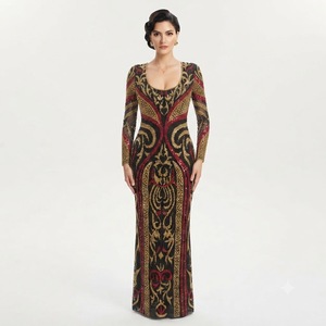 Robe de soirée élégante pour femmes, faite à la main, ornée de perles, avec des paillettes dorées et rubis, manches longues ajustées, tulle noir transparent - Product Image 3