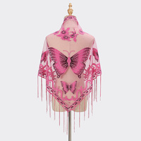 Écharpe longue légère d'été en polyester pour femme Nidu 2025, avec pompons, broderie papillon, motif triangulaire, couleur unie et dentelle ajourée