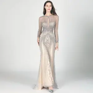 Dubai Long Sleeves Silver Grey Luxury Evening Dresses O-Neck Full Diamond Mermaid Formal Dress