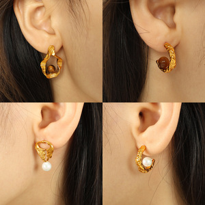 Retro Stainless Steel <b>Stud</b> <b>Earrings</b> Geometric C Shape Faux Pearl Women's Party Jewelry - Product Image 4