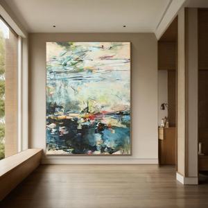 Peinture abstraite texturée sur toile, paysage abstrait atmosphérique en bleu et vert pour la maison et la galerie - Product Image 2