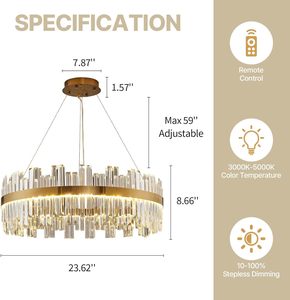 Lustre en cristal LED dimmable de 23,6 pouces, doré, avec télécommande, pour salles à manger/salons, îlots de cuisine, entrées et halls d'entrée - Product Image 3