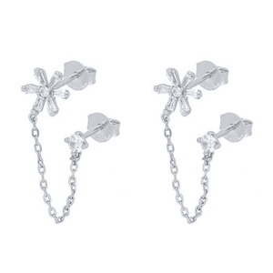 Pendientes de Plata de Ley S925 con Borla de Cadena de Flores Geométricas y Diamante Solitario - Product Image 2