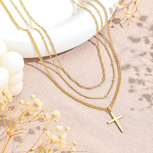 Collier tendance pour femme avec pendentif croix en laiton, <span class=keywords><strong>triple</strong></span> couche avec chaîne ondulée/satellite et design croix cubaine - Product Image 2
