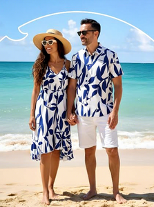 Premium <b>Couple</b> Clothing Set Blue Flower Print Shirt With Women Dress <b>Matching</b> <b>Outfit</b> <b>For</b> Beach Holiday Resort Wear - Product Image 3