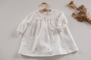 Tinta unita abito Vintage personalizzato in lino manica corta classico abito <span class=keywords><strong>bianco</strong></span> per <span class=keywords><strong>bambina</strong></span> stelline tessuto morbido abiti eleganti - Product Image 4