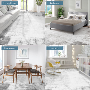 Tapis rectangulaire moderne abstrait gris en polyester tissé lavable à poils ras, avec dos antidérapant en caoutchouc TPE et bords renforcés - Product Image 5