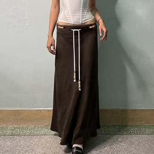 Jupe longue en maille unie respirante avec dentelle naturelle, style chic d'été pour femme, prix bas, vente en gros, style vacances à la plage, transparente - Product Image 4