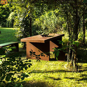 Ensemble table et banc en acier corten moderne résistant aux intempéries, meubles de jardin et de terrasse pour repas en plein air, utilisation confortable et portable - Product Image 6