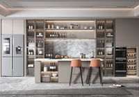Plan de travail en dalle de quartz, îlot de cuisine moderne en acrylique, armoire de cuisine scandinave en panneaux de particules HMR