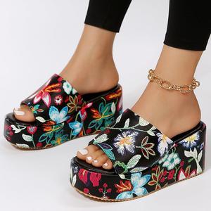 Summer Collection Large Size Women's Round Head Wedge Slippers Sandals Classic One-Line Embroidery Platform Heeled Style - Product Image 1