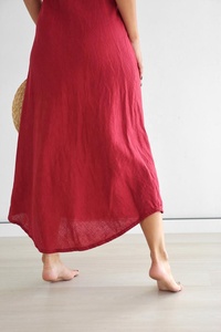 Valentine Special Rosy Red Pure Natural Linen Ladies Tunic Summer Bohemian Style Chic Linen Midi Dress Women Beach Wedding Dress - Product Image 5